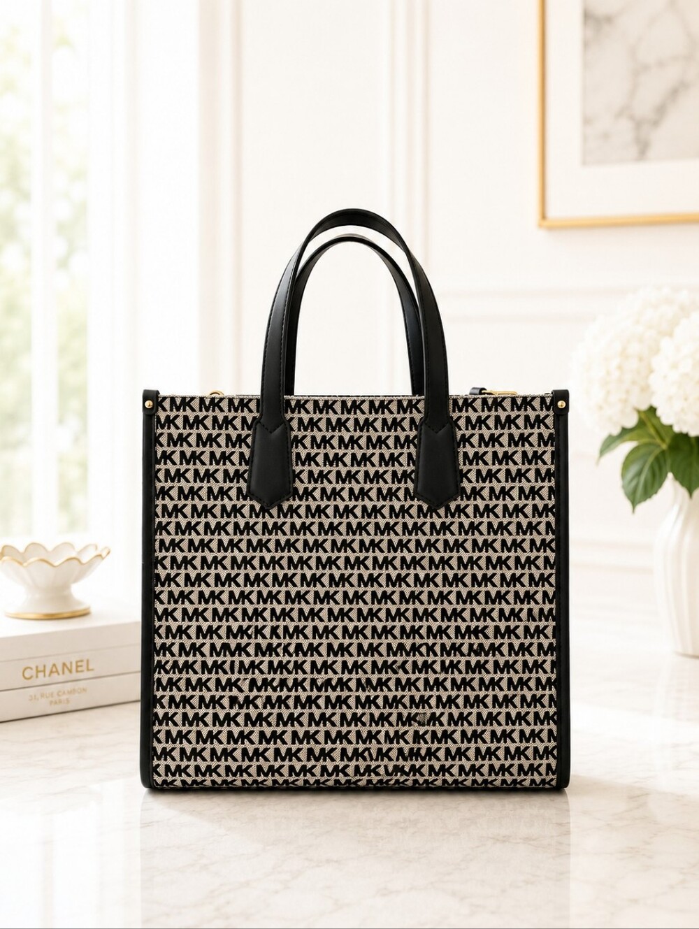 Michael Kors Black & Beige MK Monogram Tote with Logo Strap - Picture 4 of 8
